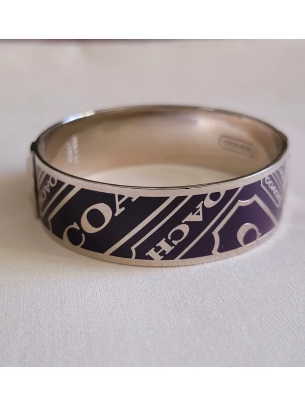 Coach Purple Silver Tone Logo Bangle Bracelet 7.5 Inch Women’s EUC